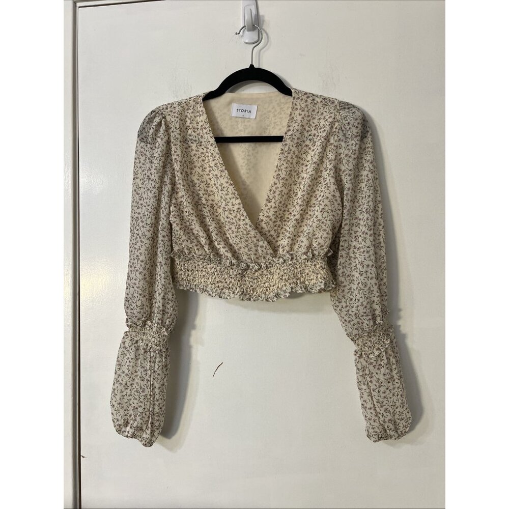 Storia Top Women Small Cream Floral Smocked Long Sleeve Cropped Boho Cottagecore